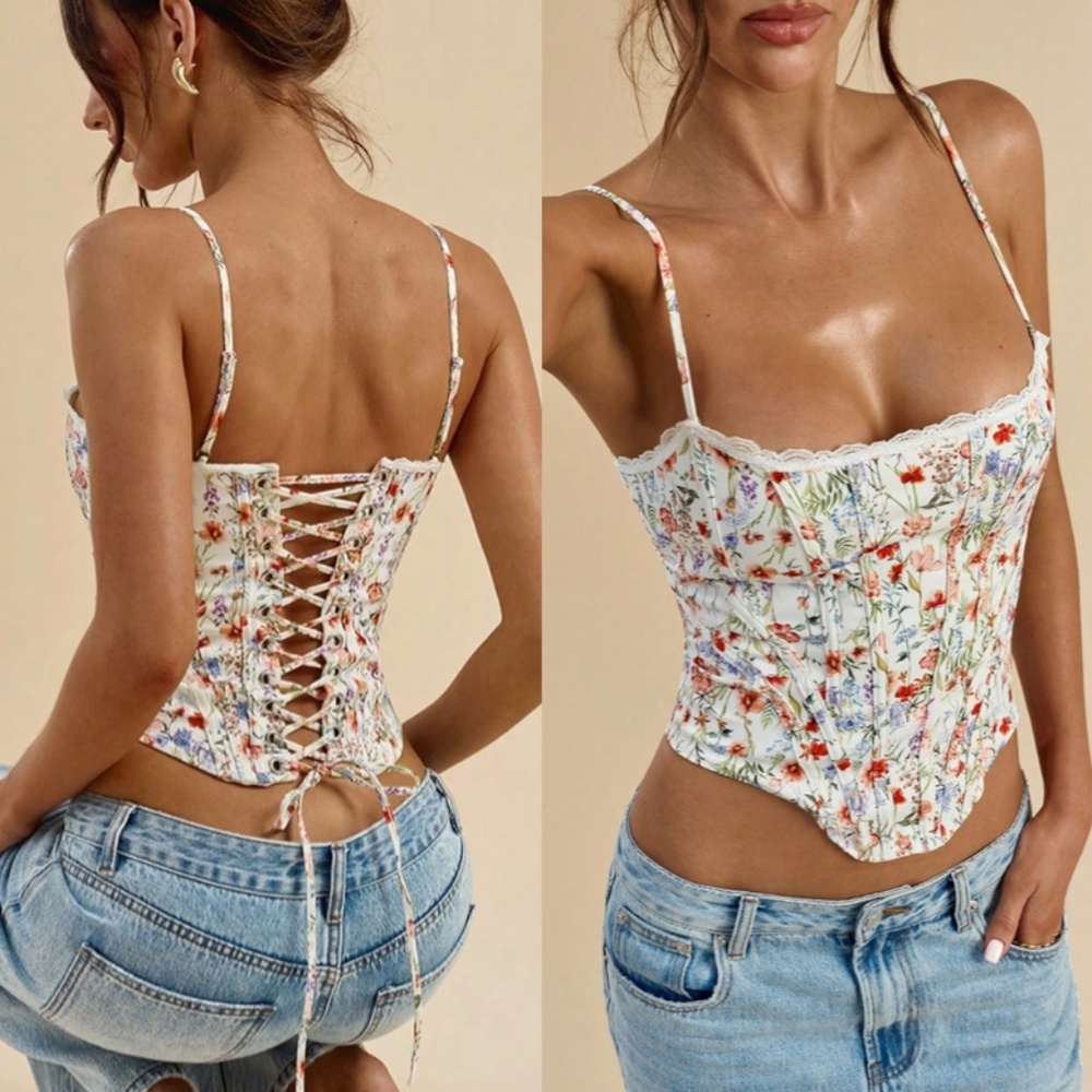 White Ditsy Floral Cami Top Corset Style Lace Up Back
